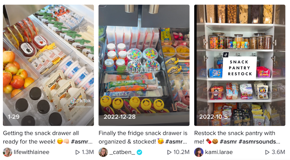 Screenshots of snack drawer restock videos on TikTok. TikTok