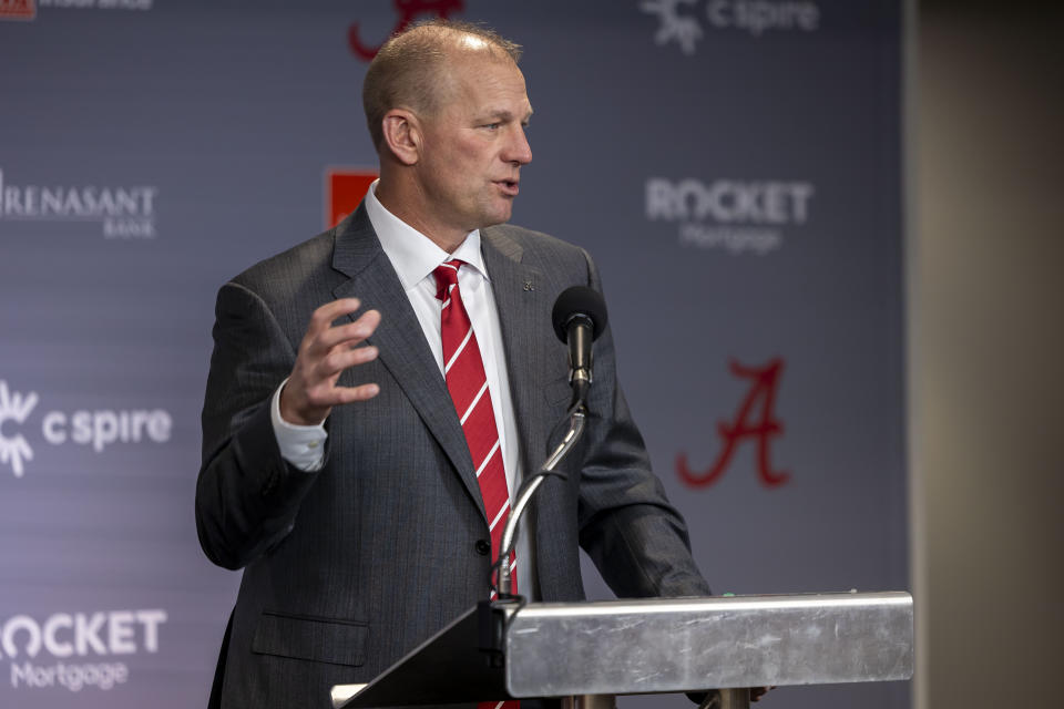 New Alabama head coach Kalen DeBoer speaks during an NCAA college football press conference at Bryant-Denny Stadium, Saturday, Jan. 13, 2024, in Tuscaloosa, Ala. DeBoer is replacing the recently retired Nick Saban. (AP Photo/Vasha Hunt)