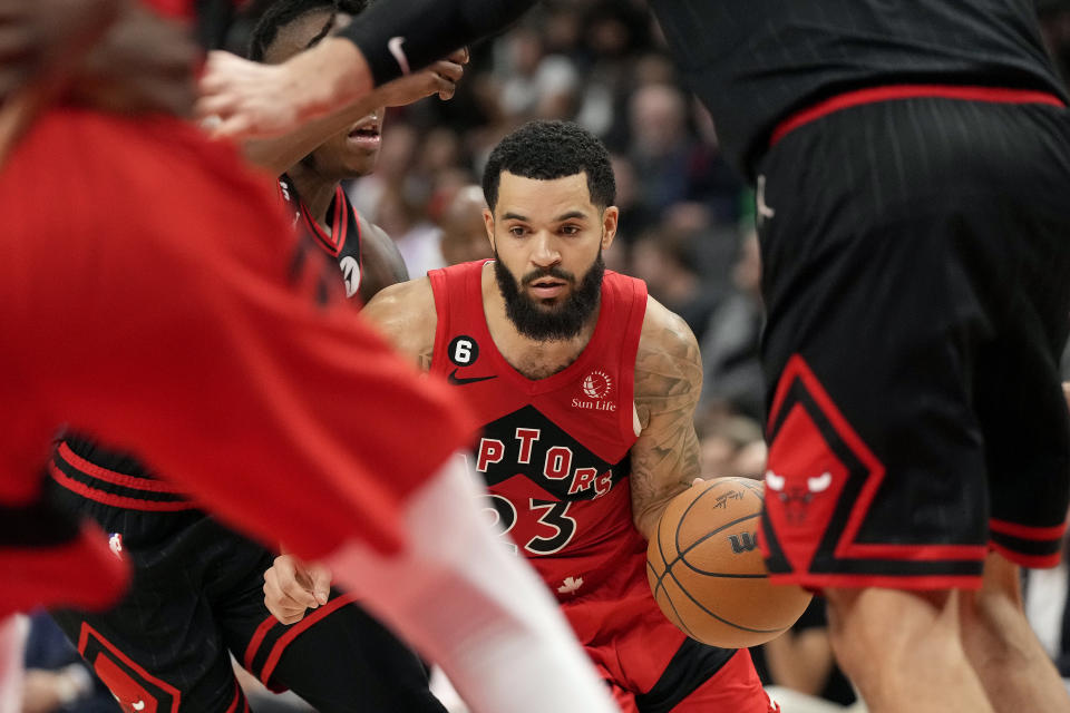 Toronto Raptors guard Fred VanVleet (23) moves the ball upcourt during second-half NBA basketball game action against the Chicago Bulls in Toronto, Sunday, Nov. 6, 2022. (Frank Gunn/The Canadian Press via AP)