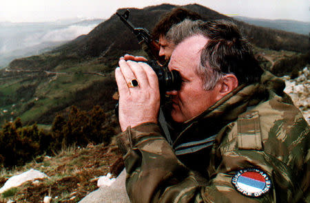 FILE PHOTO: Bosnian Serb wartime general Ratko Mladic monitors a battle against Muslim forces near the eastern Bosnian town of Gorazde, Bosnia and Herzegovina, April 16, 1994. REUTERS/Stringer/File Photo