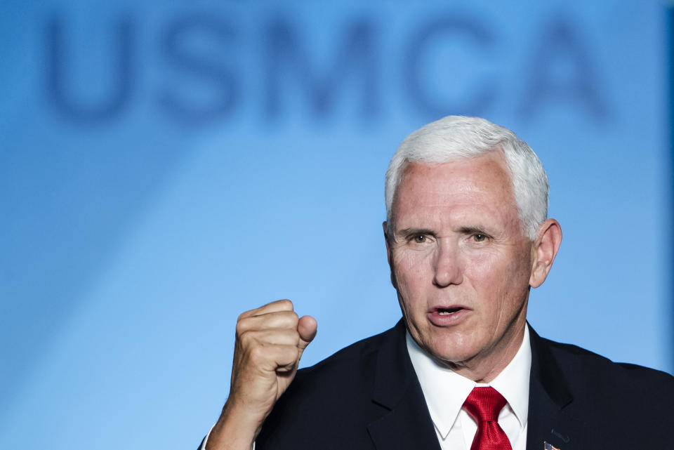 Vice President Mike Pence speaks at JLS Automation in York, Pa., Thursday, June 6, 2019. (AP Photo/Matt Rourke)