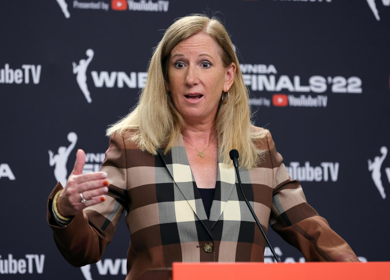 WNBA commissioner Cathy Engelbert speaks during a news conference before Game 1 of the 2022 WNBA Finals between the Connecticut Sun and the Las Vegas Aces at Michelob ULTRA Arena in Las Vegas on Sept.  11, 2022. (Ethan Miller/Getty Images)