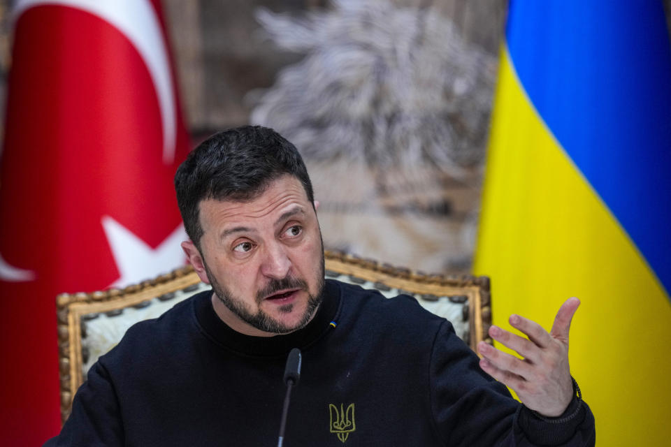 Ukrainian President Volodymyr Zelenskyy answers a question during a joint news conference with Turkish President Recep Tayyip Erdogan following their meeting at Dolmabahce palace in Istanbul, Turkey, Friday, March 8, 2024. (AP Photo/Francisco Seco)