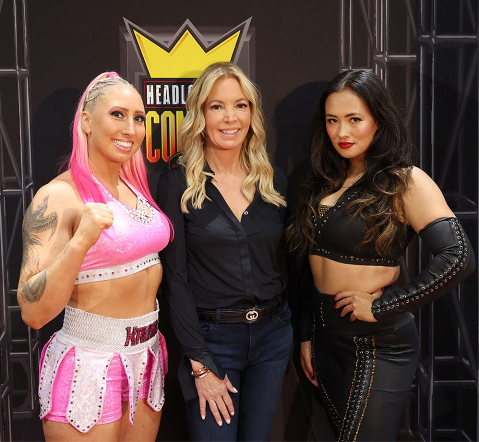 Kandi Krush, Jeanie Buss and Genesis attend the Women of Wrestling signing during Comic-Con on July 22, 2023 in San Diego, California.