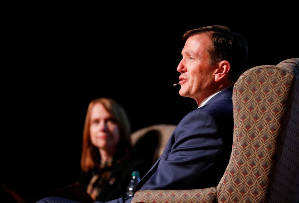 Richard "Biff" Williams, a finalist for the Missouri State University president job, answers questions at a forum in the Plaster Student Union auditorium on Thursday, Feb. 15, 2024.