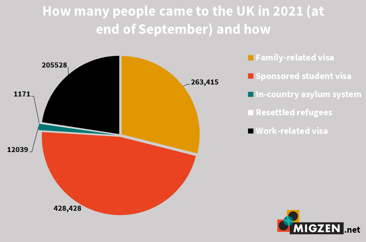 A pie chart showing that asylum applications make up a tiny proportion of arrivals to the UK, with most coming via visas.