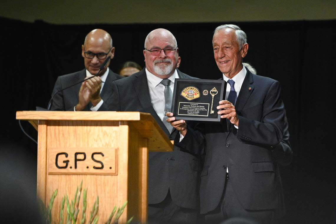 Gustine Mayor Pat Nagy, center, is shown presenting Portugal’s President Marcelo Rebelo de Sousa with a key to the city on Sunday, Sept. 25, 2022.