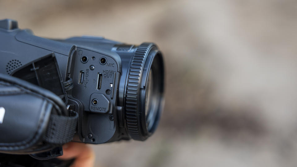 A close-up of the Canon HF G70's USB-C port