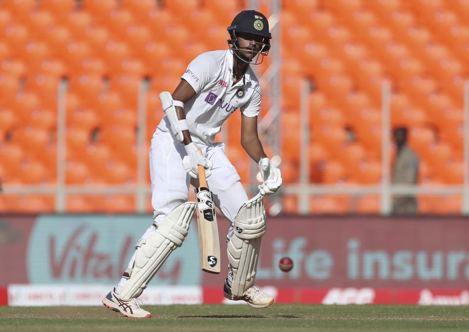 India's Washington Sundar bats during the second day of fourth cricket test match between India and England at Narendra Modi Stadium in Ahmedabad, India, Friday, March 5, 2021. (AP Photo/Aijaz Rahi)