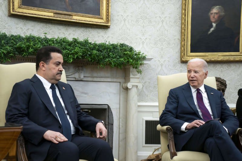 President Joe Biden meets Monday with Prime Minister of Iraq Mohammed Shia' Al Sudani in the Oval Office at the White House in Washington, D.C., to discuss the future of 2,500 U.S. troops stationed in Iraq amid renewed ISIS threats and growing tensions in the Middle East. Photo by Bonnie Cash/UPI