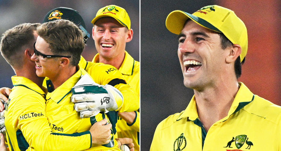 Pictured right is Aussie captain Pat Cummins at the Cricket World Cup. 