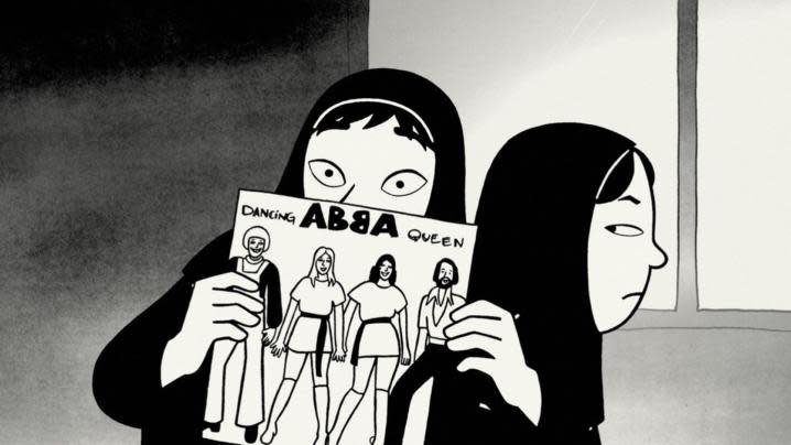 A still of a girl holding an ABBA album in Persepolis.