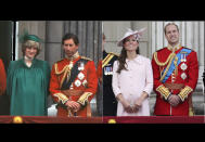 In this composite image a comparison has been made between A pregnant Diana, Princess of Wales and pregnant Catherine, Duchess of Cambridge during Trooping the Colour.(Left image) LONDON, ENGLAND - JUNE 12: A pregnant Diana, Princess of Wales with Charles, Prince of Wales, Queen Elizabeth ll and Prince Philip, Duke of Edinburgh on the balcony of Buckingham Palace following the Trooping the Colour ceremony on June 12, 1982 in London, England. (photo by Anwar Hussein/Getty Images)(Right Image) LONDON, ENGLAND - JUNE 15: Prince Harry, Catherine, Duchess of Cambridge and Prince William, Duke of Cambridge on the balcony of Buckingham Palace during the annual Trooping the Colour Ceremony on June 15, 2013 in London, England. (Photo by Chris Jackson/Getty Images)