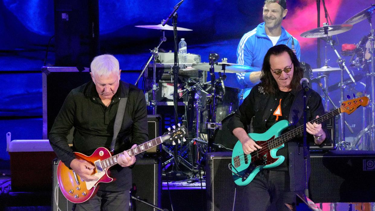  Alex Lifeson and Geddy Lee of the band Rush, and Matt Stone perform during South Park The 25th Anniversary Concert at Red Rocks Amphitheatre on August 10, 2022 in Morrison, Colorado. 