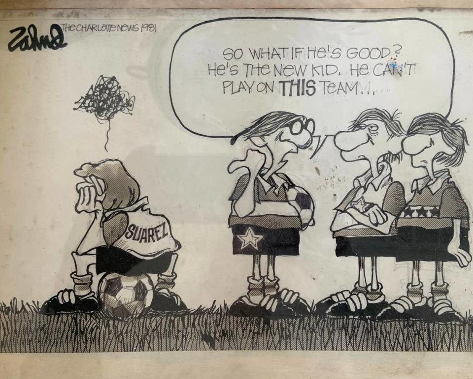 Tony Suarez’s rise from team bus driver to team star attracted the attention of The Charlotte News editorial cartoonist, who drew a representation of the time before Suarez got to join the team.