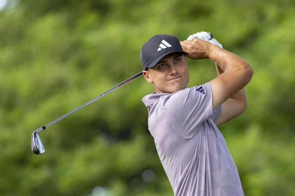 Ludvig Aberg hits his tee shot on the second hole during the third round of the Sony Open in Hawaii golf tournament at Waialae Country Club. Mandatory Credit: Kyle Terada-USA TODAY Sports