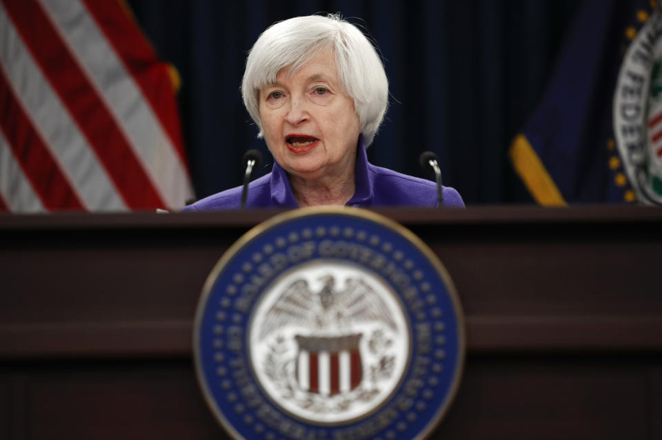 FILE - In this Dec. 13, 2017 file photo, Federal Reserve Chair Janet Yellen speaks during a news conference following the Federal Open Market Committee meeting in Washington. When Yellen leaves the Federal Reserve this weekend after four years as chair, her legacy will include being the first woman to have led the world's most powerful central bank. She will be remembered, too, for her achievements in deftly steering the Fed’s role in the U.S. economy’s rebound from a crushing financial crisis and recession. (AP Photo/Carolyn Kaster, File)