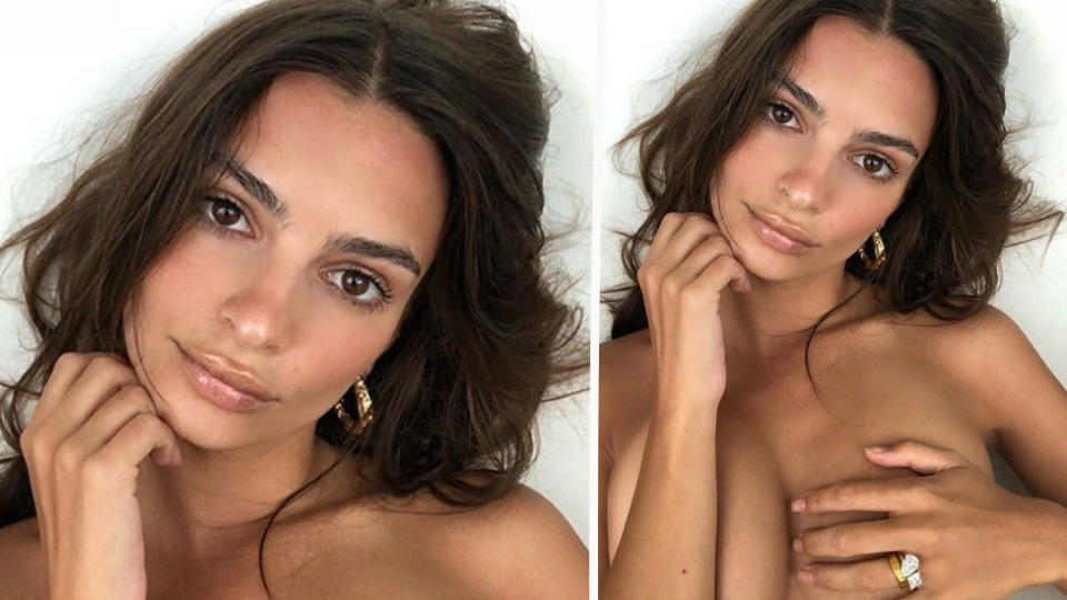 Em Ratajkowski poses topless with engagement ring