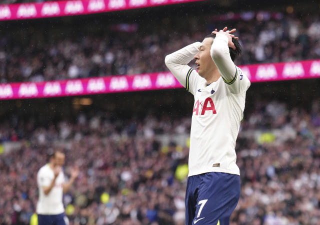 Tottenham Hotspur's Son Heung-min rues a missed chance during the Premier League match at the Tottenham Hotspur Stadium, London Saturday May 6, 2023. (John Walton/PA via AP)