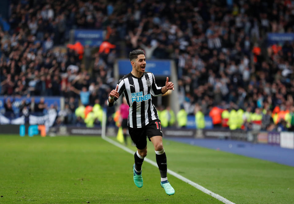 Soccer Football – Premier League – Leicester City vs Newcastle United – King Power Stadium, Leicester, Britain – April 7, 2018 Newcastle United’s Ayoze Perez celebrates scoring their second goal Action Images via Reuters/Peter Cziborra