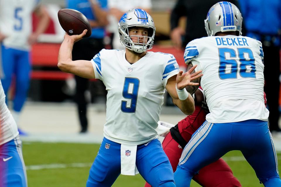 Lions quarterback Matthew Stafford throws during the first half on Sunday, Sept. 27, 2020, in Glendale, Ariz.