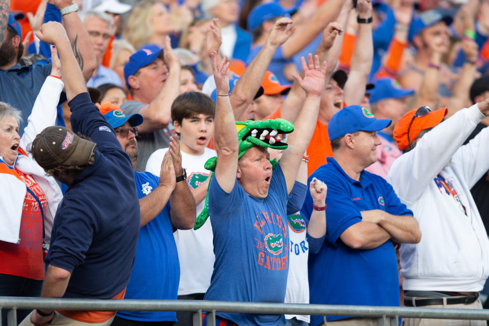 JACKSONVILLE, FL - NOVEMBER 02: Florida Gators fans celebrate a touchdown during the game between the Georgia Bulldogs and the Florida Gators on November 2, 2019 at TIAA Bank Field in Jacksonville, Fl. (Photo by David Rosenblum/Icon Sportswire via Getty Images)