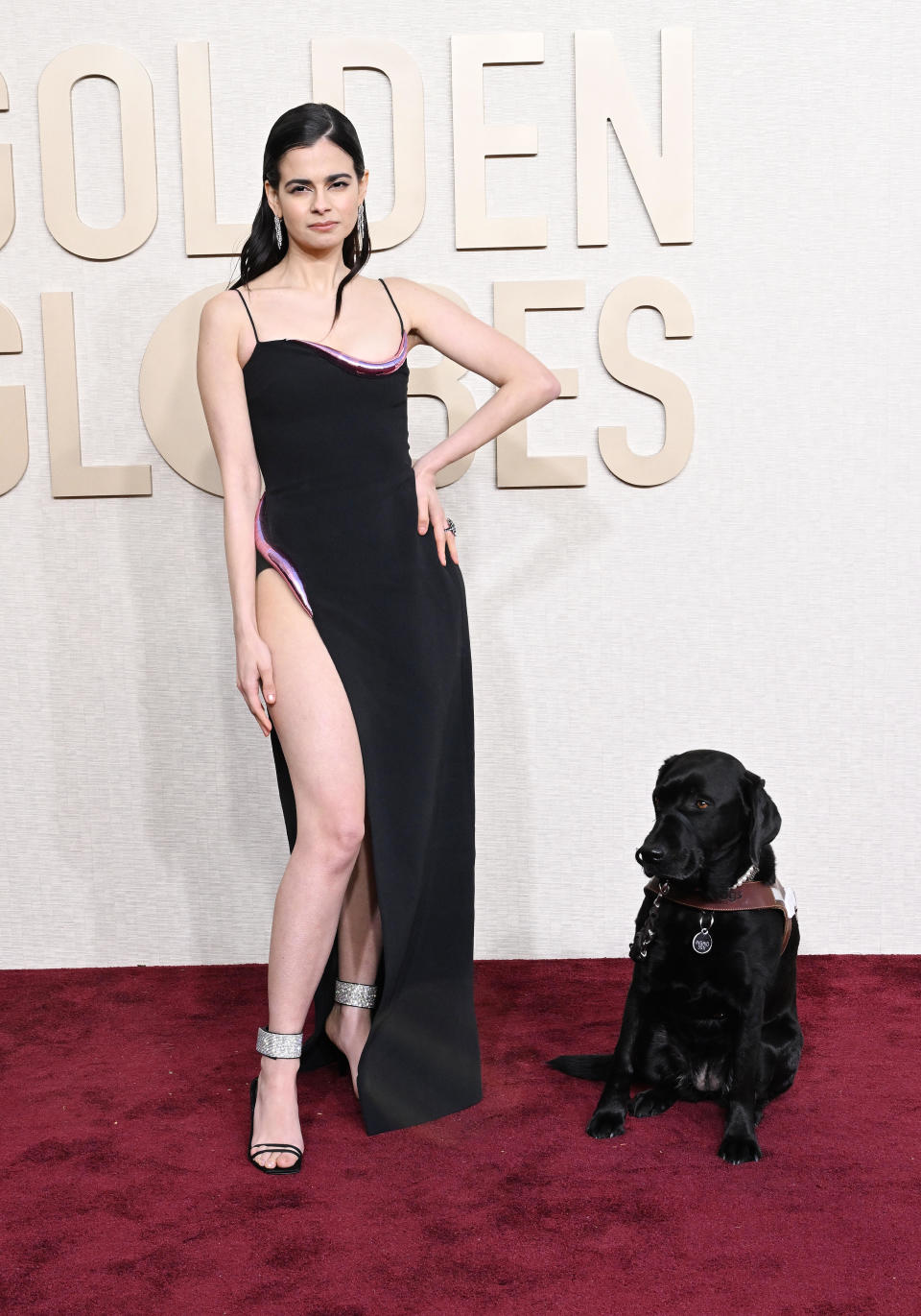 Aria Mia Loberti at the 81st Golden Globe Awards, accompanied by a guide dog. / Credit: Gilbert Flores/Golden Globes 2024/Golden Globes 2024 via Getty Images