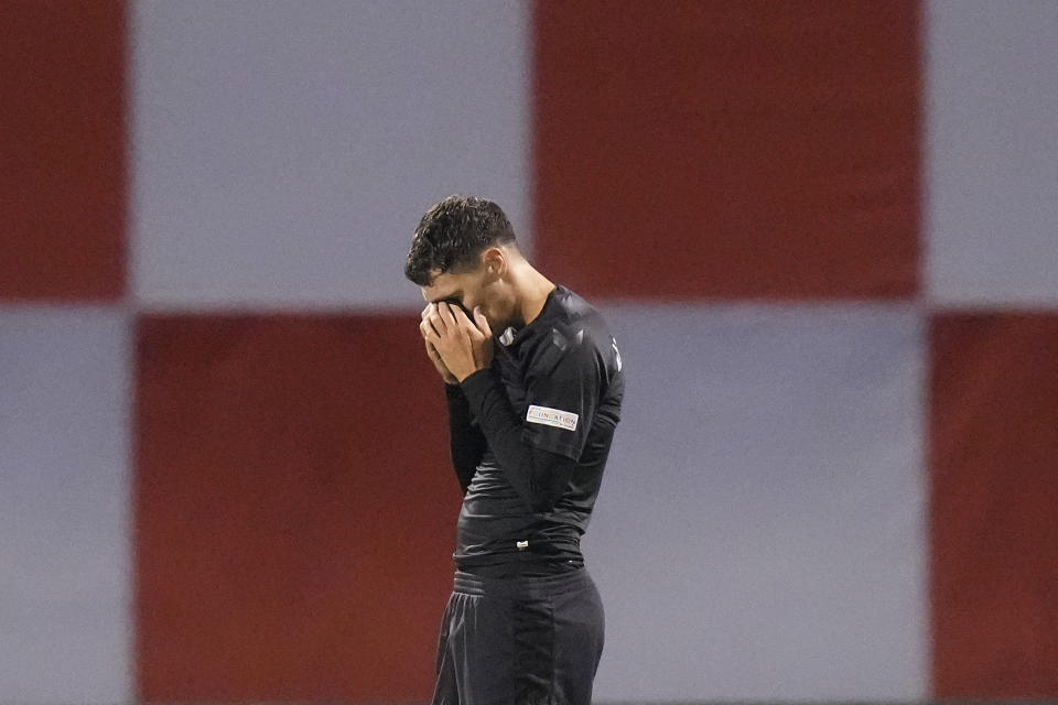 Denmark's Andreas Christensen reacts after losing the Nations League group A soccer match between Croatia and Denmark at the Maksimir stadium in Zagreb, Croatia, Thursday, Sept. 22, 2022. (AP Photo/Darko Bandic)