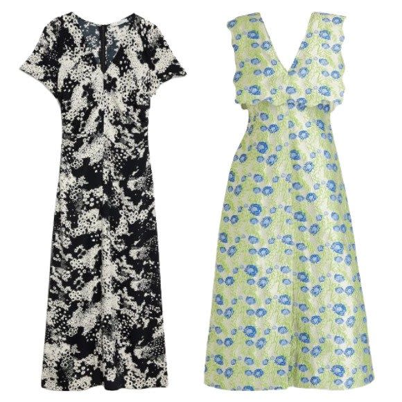 Floral dress, £45, Marks & Spencer;  Jacquard dress, £218, Ganni