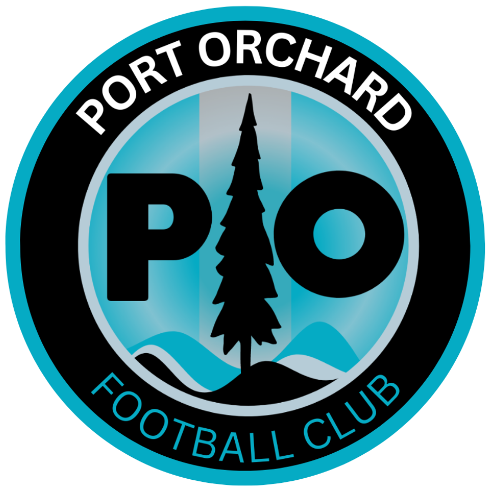 The Port Orchard Football Club logo features a Douglas Fir tree, waves from Sinclair Inlet and hills of downtown.