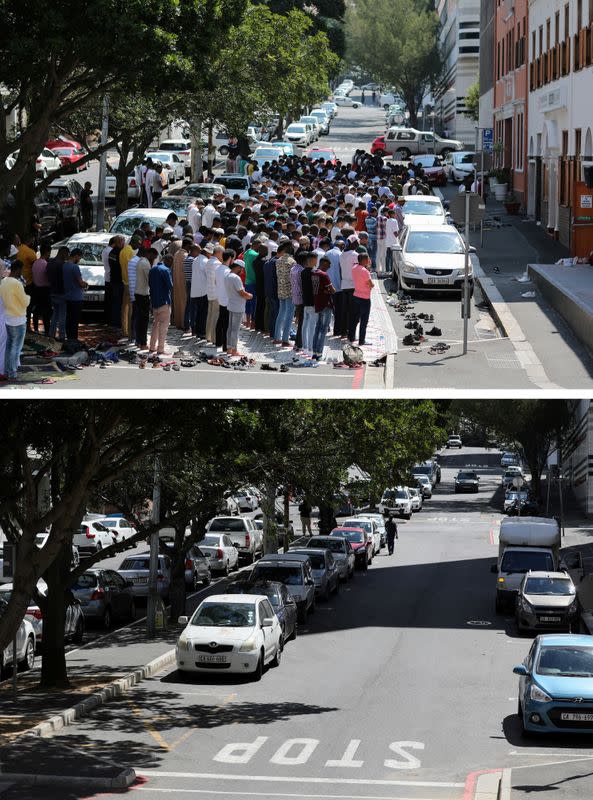 FILE PHOTO: A combination picture shows people praying outside a mosque during Friday prayers March 6, 2020 and a view of same site, now empty, as Friday prayers were suspended in mosques to prevent the spread of coronavirus disease (COVID-19) in Cape Town