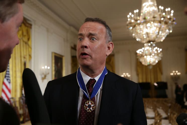 Hanks speaks to members of the media after receiving the Presidential Medal of Freedom at the White House, Nov. 22, 2016. (Alex Wong/Getty Images)
