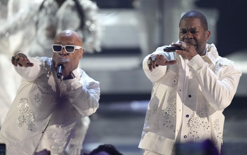 Busta Rhymes, right, and Spliff Star perform a medley at the BET Awards on Sunday, June 25, 2023, at the Microsoft Theater in Los Angeles. (AP Photo/Mark Terrill)