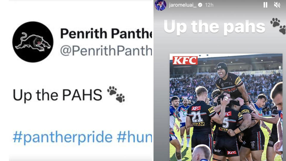 Jarome Luai and the Penrith Panthers, pictured here using their own version of the Warriors' slogan.