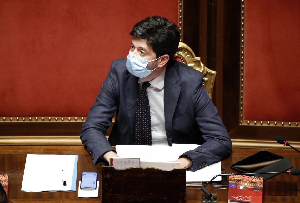 Italian Health Minister Roberto Speranza with surgical mask during the session in the Senate Hall for communications from the President of the Council of Ministers Conte on further initiatives in relation to the epidemiological emergency from Covid-19 (Coronavirus). Rome (Italy), July 28th, 2020 (Photo by Massimo Di Vita/Archivio Massimo Di Vita/Mondadori Portfolio via Getty Images)