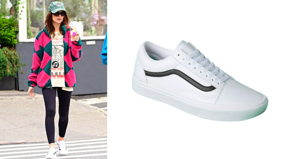 Emily Ratajkowski in white and black Vans Old Skool Lite Sneakers (Photos via Getty/Vans)