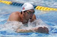 Apr 23, 2014; Mesa, AZ, USA; Michael Phelps swims laps his first official practice session for the Arena Grand Prix swim meet at Skyline Aquatic Center. Rob Schumacher-USA TODAY Sports