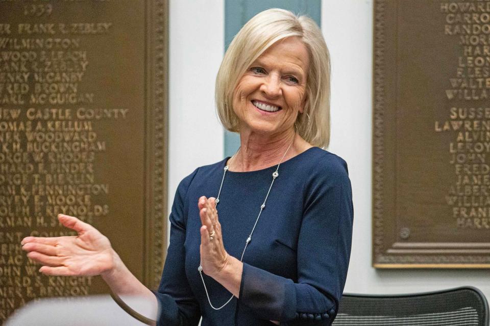 Lt. Gov. Bethany Hall-Long applauds as Gov. John Carney delivers his State of the State Address at Legislative Hall in Dover, Tuesday, March 5, 2024. The event was rescheduled from January after Carney fell ill.