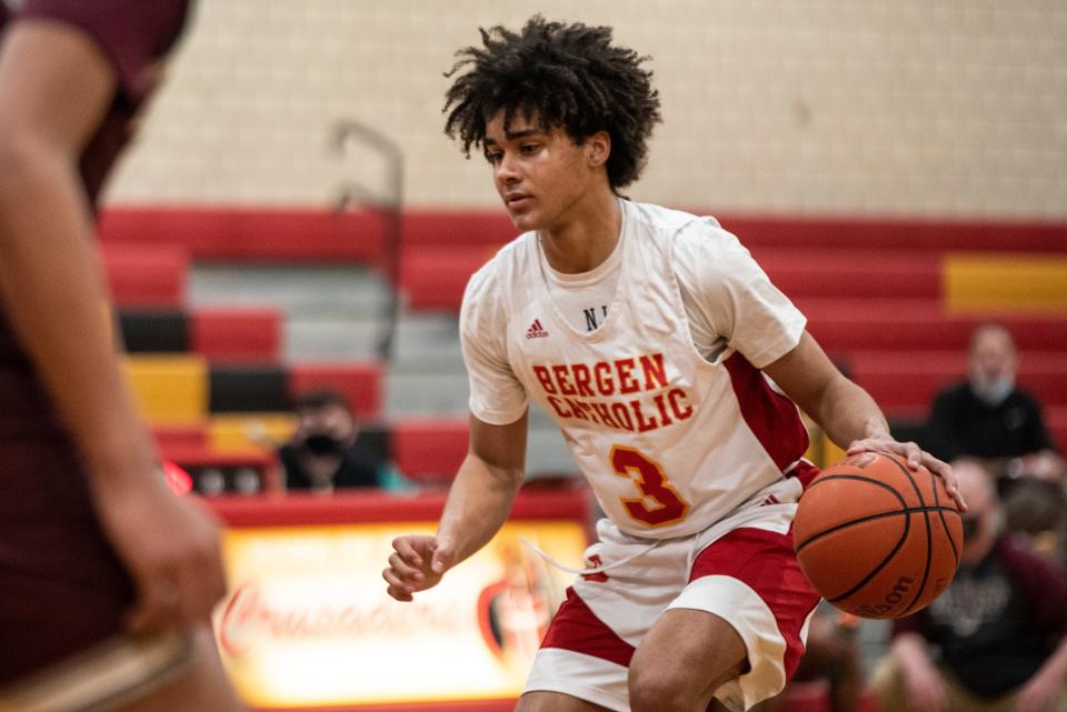 Bergen Catholic hosts Don Bosco in a boys basketball game in Oradell on Friday March 5, 2021. B #3 Elliot Cadeau with the ball. 