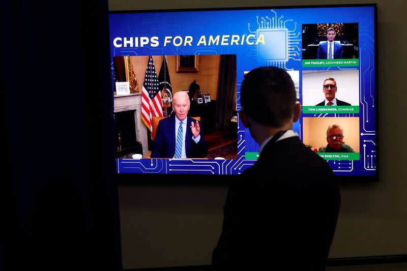 FILE PHOTO: U.S. President Biden's virtual meeting with business and labor leaders about the Chips Act in Washington