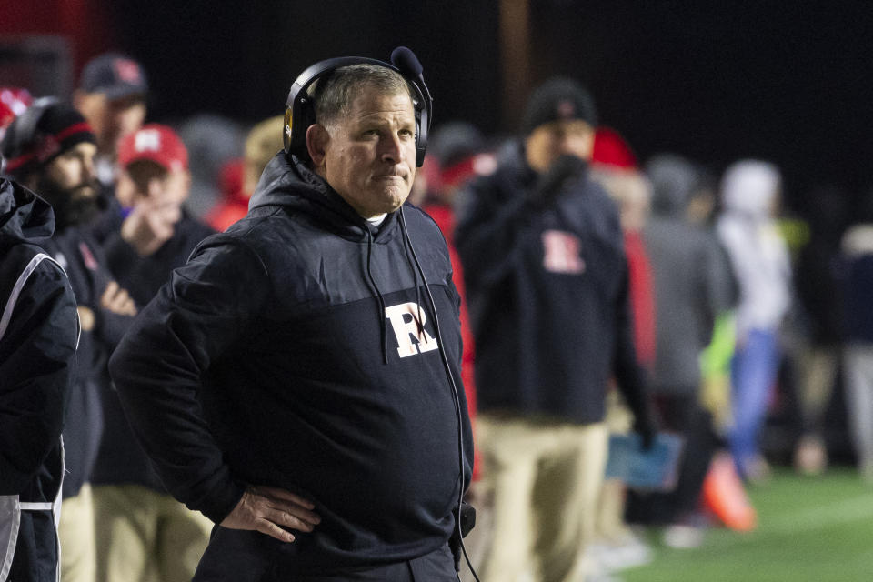 Rutgers head coach Greg Schiano reacts in the first half of an NCAA college football game against Maryland, Saturday, Nov. 25, 2023, in Piscataway, N.J. (AP Photo/Corey Sipkin)