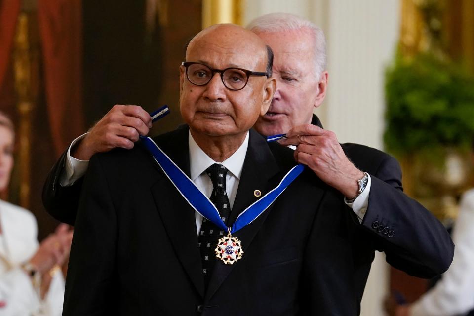 President Joe Biden awards the nation's highest civilian honor, the Presidential Medal of Freedom, to Khizr Khan at the White House in Washington, Thursday, July 7, 2022. 