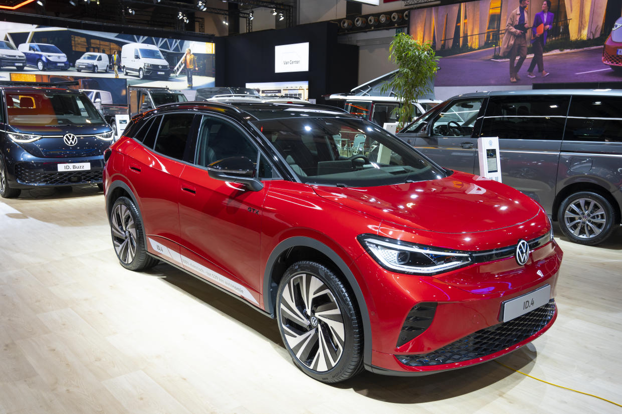 BRUSSELS, BELGIUM - JANUARY 13: Volkswagen ID.4 full electric SUV car on display at Brussels Expo on January 13, 2023 in Brussels, Belgium.