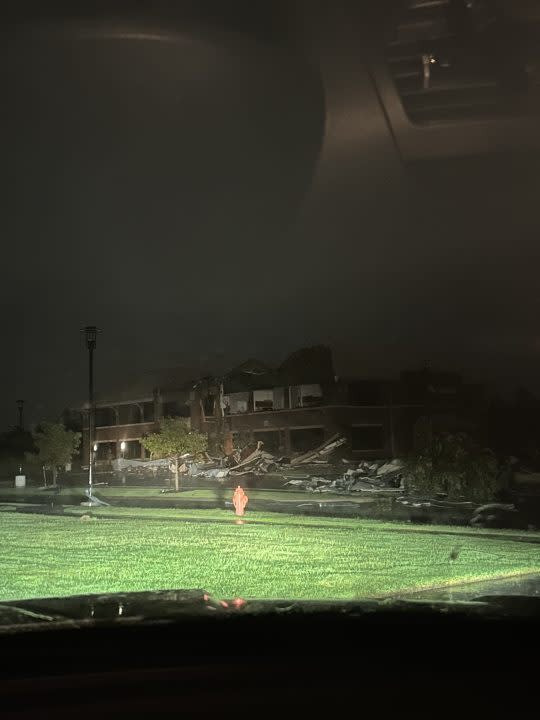 Damage to building on Britton Road from severe storms Tuesday night 