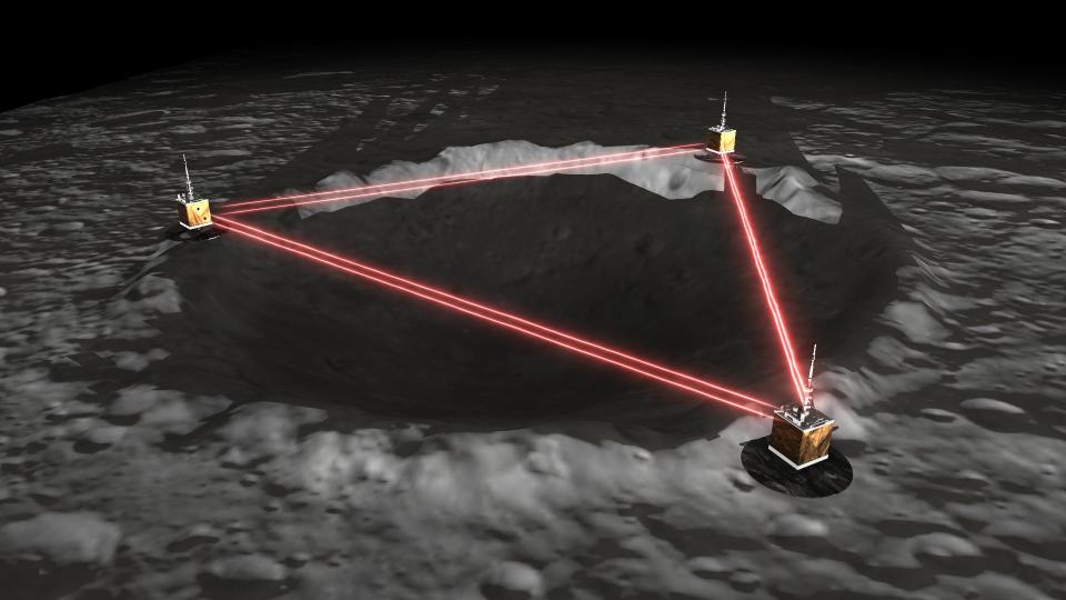 illustration of moon crater with three shiny gold boxes with two red lasers connecting each of them in a laser triangle over the crater