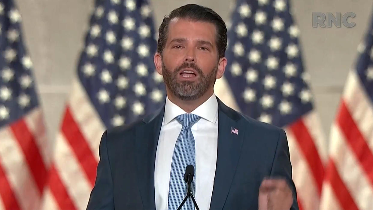 Donald Trump Jr. speaks during the Republican National Convention on Monday, Aug. 24, 2020. . (via Reuters TV)