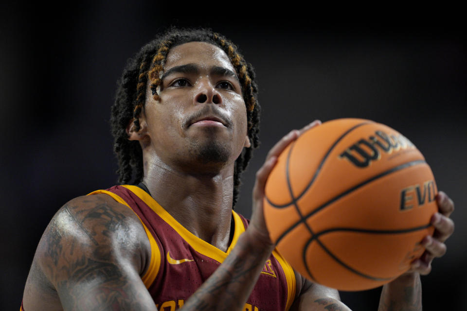 Iowa State's Keshon Gilbert looks to take a free throw during the second half of an NCAA college basketball game against Cincinnati, Tuesday, Feb. 13, 2024, in Cincinnati. (AP Photo/Jeff Dean)