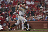 Pittsburgh Pirates' Bryan Reynolds hits a home run during the fourth inning of a baseball game against the St. Louis Cardinals Thursday, June 24, 2021, in St. Louis. (AP Photo/Joe Puetz)