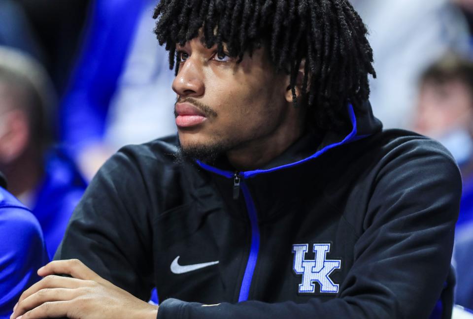 Kentucky's Shaedon Sharpe watches from the bench at Rupp Arena, Jan. 8, 2022, in Lexington, Kentucky.