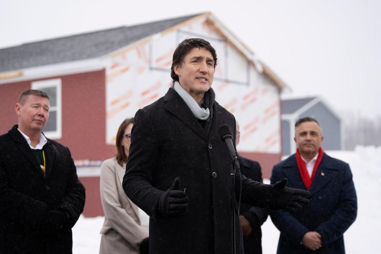 Prime Minister Justin Trudeau makes an announcement on housing in Membertou First Nation on Cape Breton Island, N.S. on Feb. 22, 2024. (Darren Calabrese/The Canadian Press - image credit)